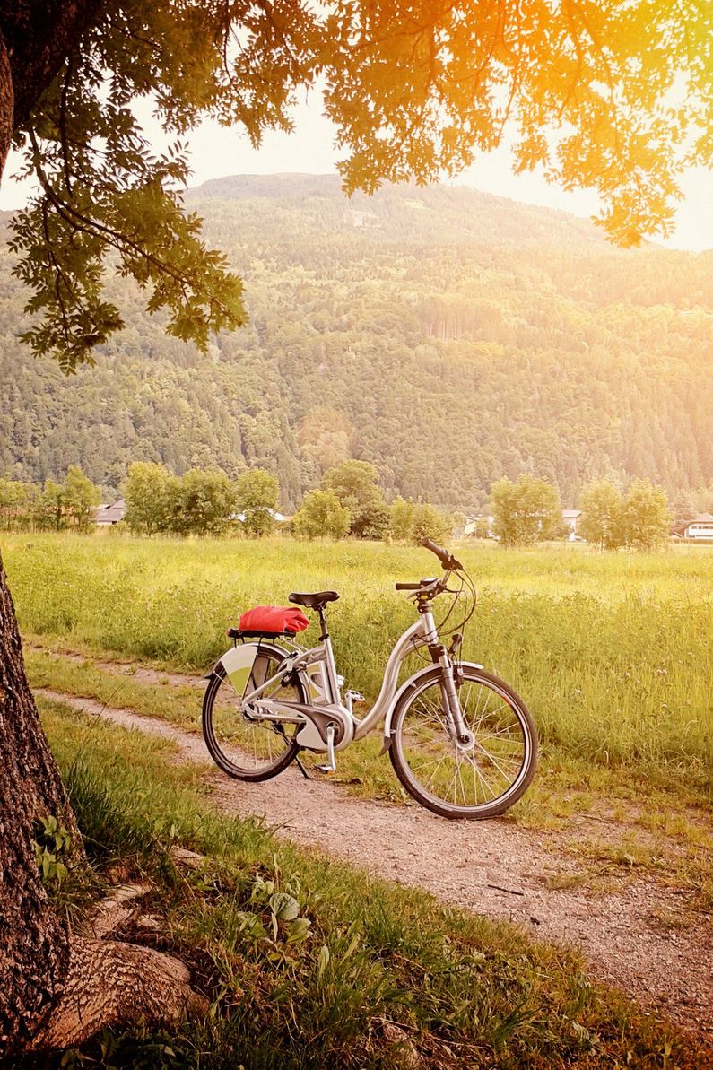E-Bike auf Feldweg, Landschaft